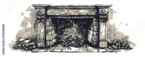 Antique vintage fireplace with fire hand drawn sketch vector