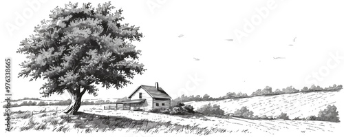 Rural landscape, tree and farm. Vector hand drawn vintage engraved sketch. vector simple illustration