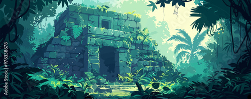 A mystical ancient ruin surrounded by dense jungle foliage, hinting at lost civilizations and hidden treasures. Vector flat minimalistic isolated illustration.
