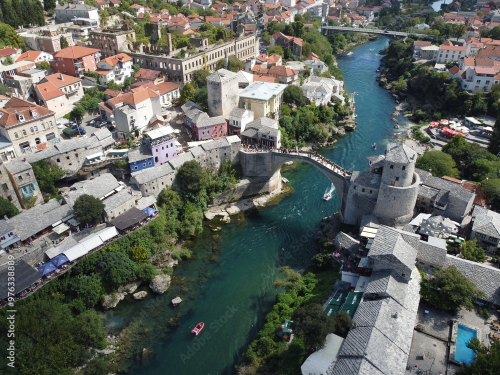 Drone aerial shot of Bosnia, Mostar, Stari Most Bridge
