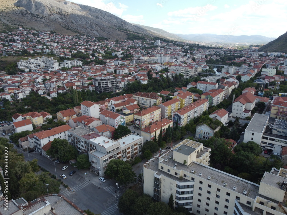 Drone aerial shot of Bosnia, Mostar, Stari Most Bridge