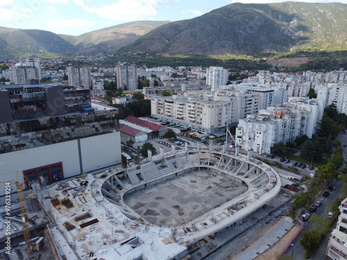 Obraz na płótnie Drone aerial shot of Bosnia, Mostar, Stari Most Bridge w salonie