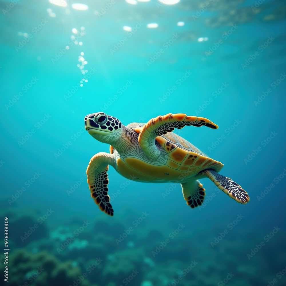 Obraz premium A stunning underwater scene featuring a vibrant turtle gracefully swimming through clear, turquoise waters, showcasing the beauty of marine life.