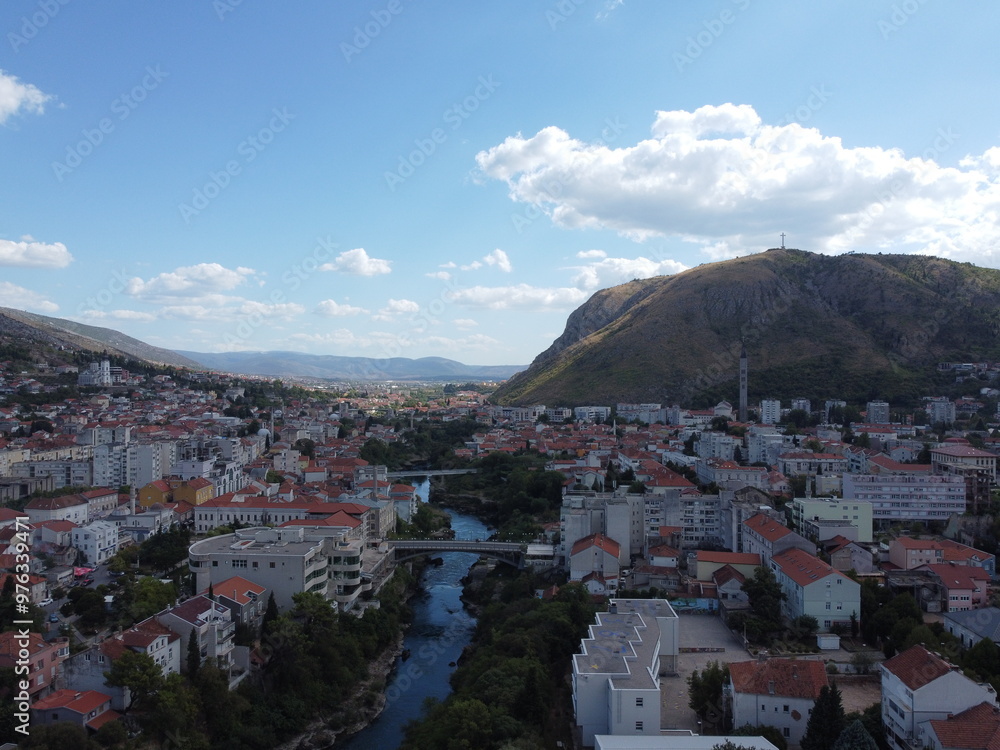 Drone aerial shot of Bosnia, Mostar, Stari Most Bridge