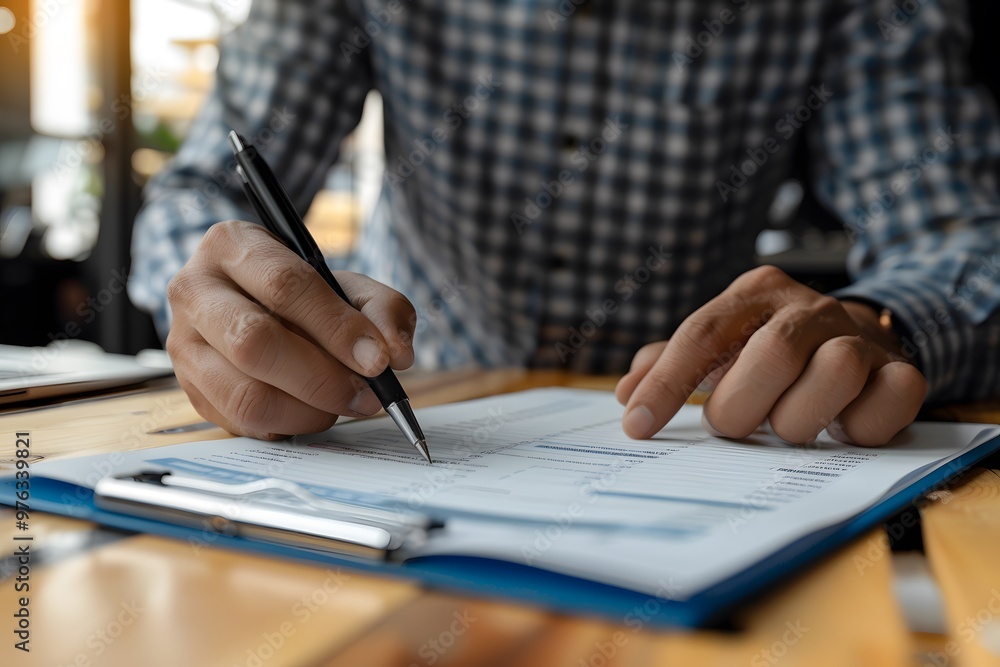 Focused Hands Writing on a Document in a Cozy Workspace Focused Hands Writing on a Document in a Cozy Workspace