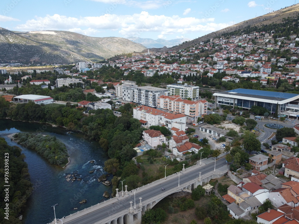 Drone aerial shot of Bosnia, Mostar, Stari Most Bridge