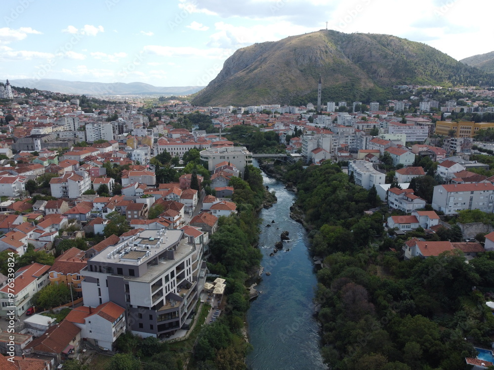 Drone aerial shot of Bosnia, Mostar, Stari Most Bridge