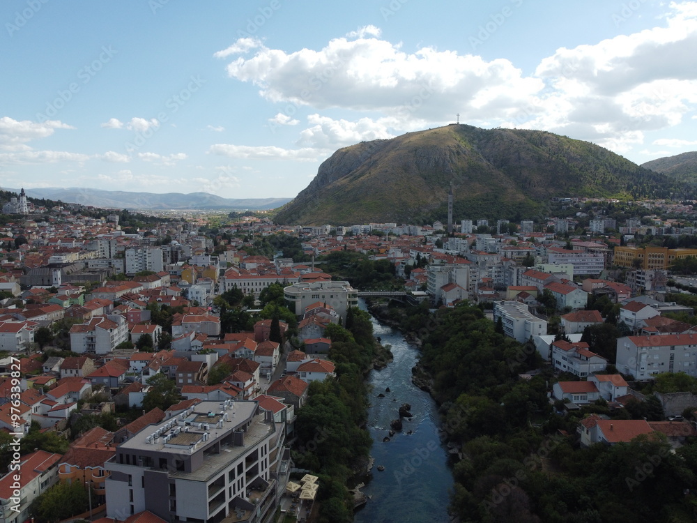 Drone aerial shot of Bosnia, Sarajevo, Mostar, Stari Most Bridge