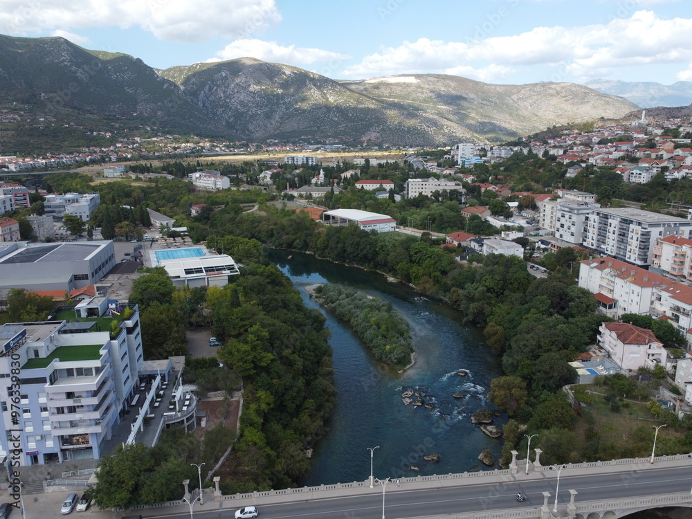 Drone aerial shot of Bosnia, Sarajevo, Mostar, Stari Most Bridge