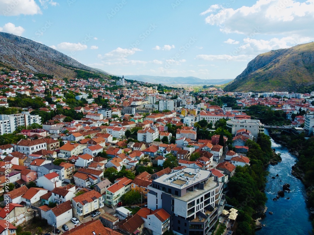 Drone aerial shot of Bosnia, Sarajevo, Mostar, Stari Most Bridge