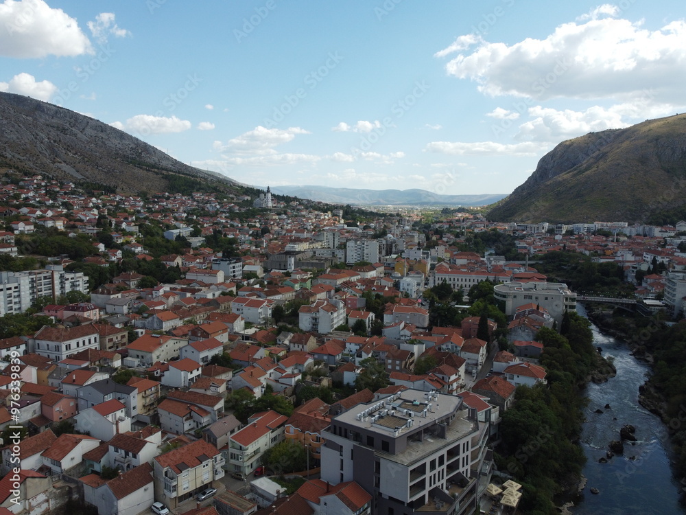 Drone aerial shot of Bosnia, Mostar, Stari Most Bridge