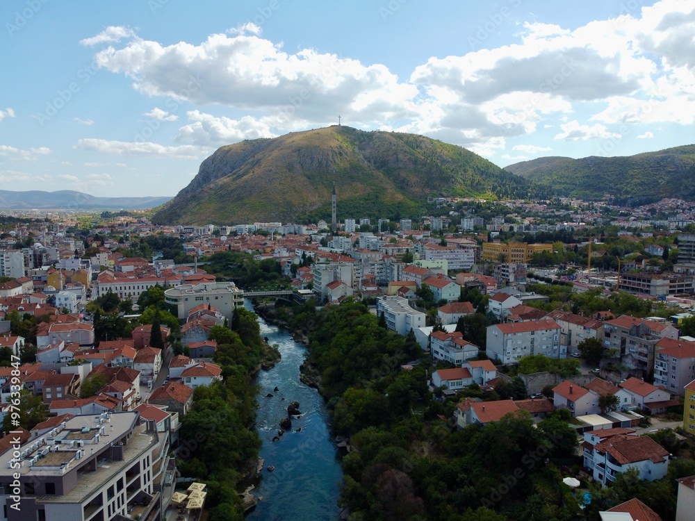 Drone aerial shot of Bosnia, Mostar, Stari Most Bridge