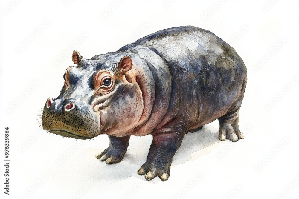 A watercolor illustration of pygmy hippo, showcasing its unique features and textures. artwork captures essence of this fascinating animal in vibrant and detailed manner A watercolor illustration of pygmy hippo, showcasing its unique features and textures. artwork captures essence of this fascinating animal in vibrant and detailed manner