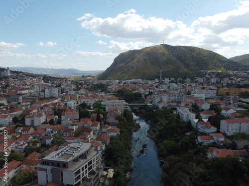 Drone aerial shot of Bosnia, Sarajevo, Mostar, Stari Most Bridge