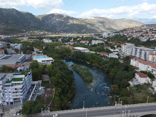 Drone aerial shot of Bosnia, Sarajevo, Mostar, Stari Most Bridge