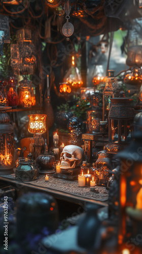 Halloween Street Market at Night with Skulls and Lanterns in Spooky Atmosphere