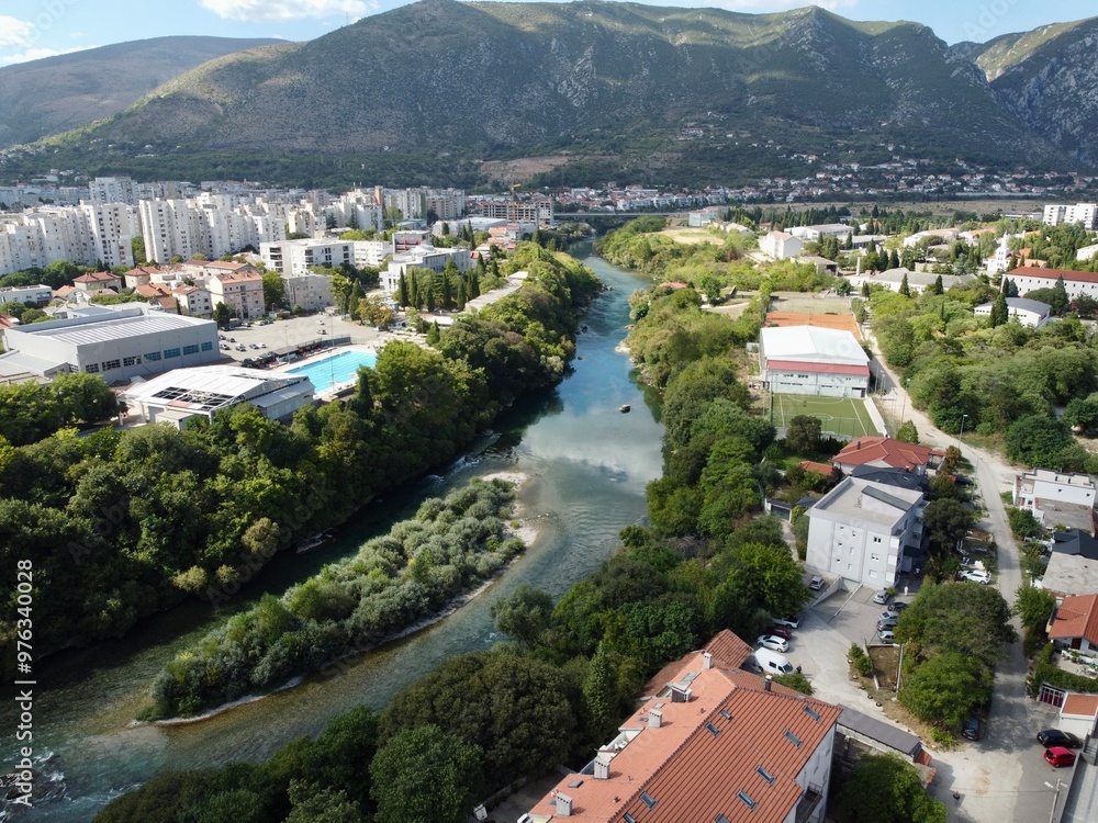 Drone aerial shot of Bosnia, Mostar, Stari Most Bridge