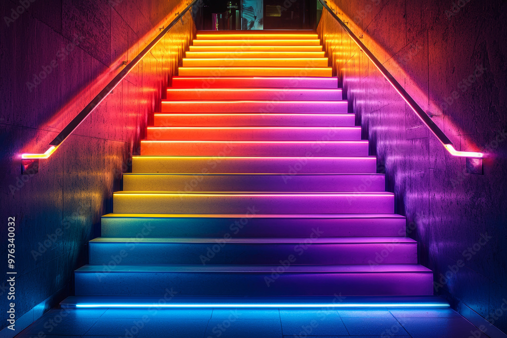 Bright neon lines illuminate an abstract staircase, creating vibrant and colorful atmosphere. gradient of colors adds modern touch to space, inviting exploration and creativity