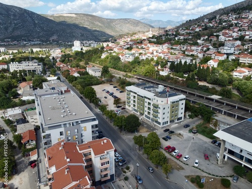 Obraz na płótnie Drone aerial shot of Bosnia, Mostar, Stari Most Bridge w salonie
