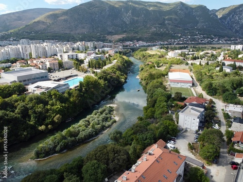 Obraz na płótnie Drone aerial shot of Bosnia, Mostar, Stari Most Bridge w salonie