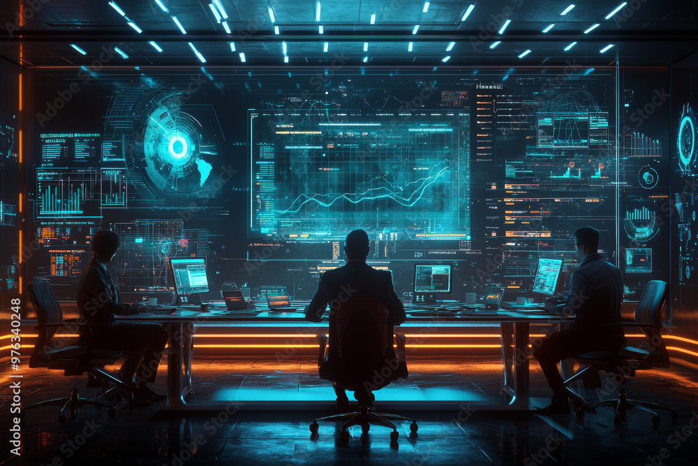 In futuristic office, three professionals engage in creative business meeting, surrounded by holographic displays and advanced technology, showcasing data analysis and collaboration In futuristic office, three professionals engage in creative business meeting, surrounded by holographic displays and advanced technology, showcasing data analysis and collaboration
