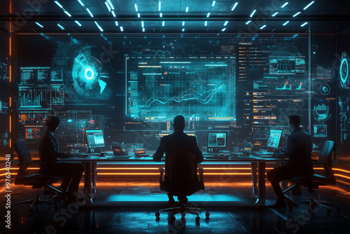 In futuristic office, three professionals engage in creative business meeting, surrounded by holographic displays and advanced technology, showcasing data analysis and collaboration