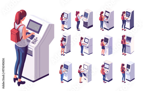 Isometry atm cash withdraw. Woman with backpack operating banking terminal, enter pin code automatic money machine for receiving insertion banknotes, financial service transactions isolated vector set