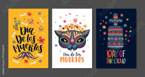 Dia de Los Muertos cards with cat and lettering, Mexican Day of the Dead, set of greeting cards with hand drawn lettering, flowers, skulls on dark blue and white background