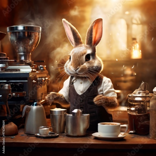 An anthropomorphic rabbit, dressed as a barista, making coffee in a cozy cafe with a warm, inviting atmosphere. The image blends fantasy and everyday life, making it ideal for whimsical and playful