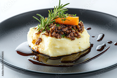 a deconstructed shepherd's pie, featuring a quenelle of creamy mashed potatoes, tender braised lamb, and carrot puree artfully arranged on a sleek black plate photo