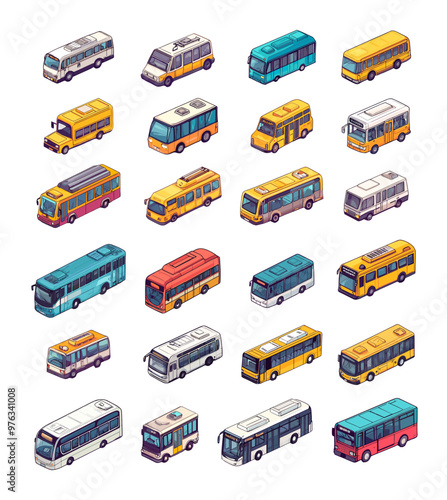 Isometry city transport. Bus van coach minibus shuttle urban four wheeled vehicle short long distance passenger transportation carriers vector isolated set