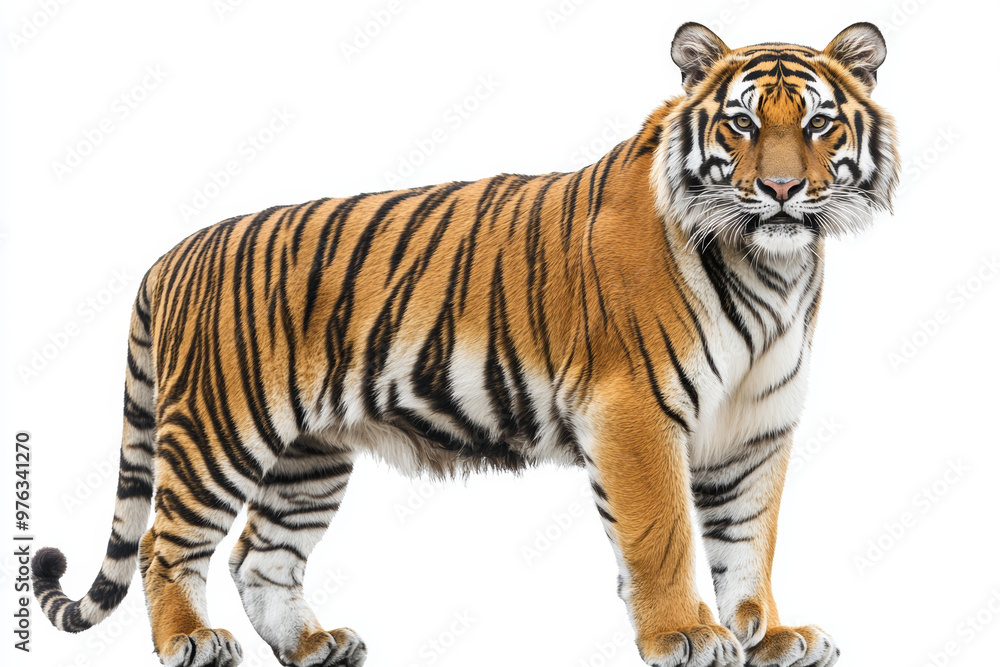 Obraz premium Majestic tiger standing on white isolated background, showcasing its striking orange and black stripes. This powerful animal exudes strength and grace, captivating all who behold it