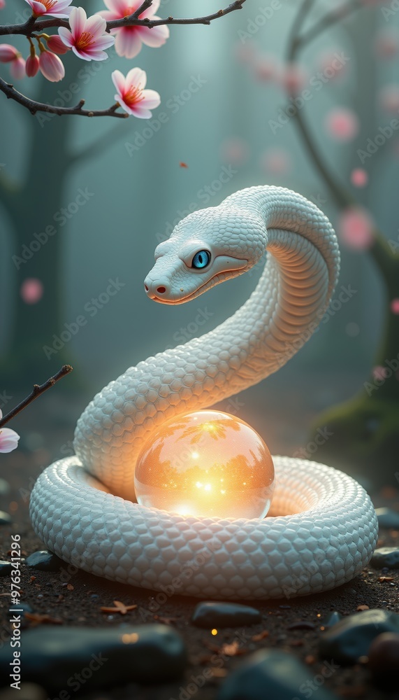 A mystical white snake coiled around a glowing orb, set against a serene, blossom-filled forest, symbolizing wisdom, transformation, and nature's beauty. A mystical white snake coiled around a glowing orb, set against a serene, blossom-filled forest, symbolizing wisdom, transformation, and nature's beauty.