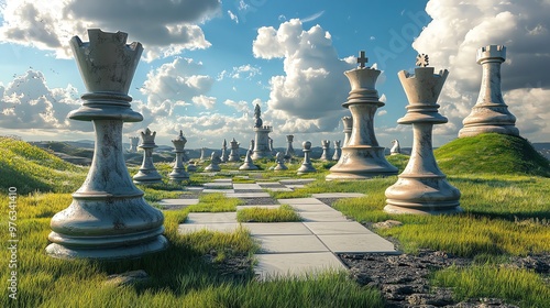 A giant chessboard set in a lush green field with large white chess pieces.