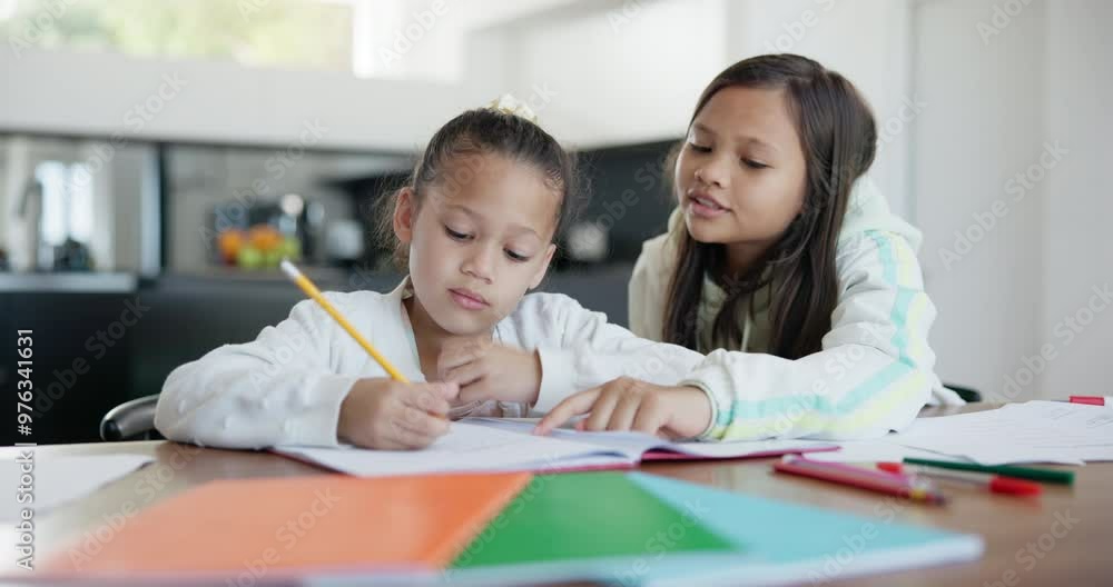 Girl, sister and help or support with homework, learning and writing in notebook for education or care. Family, people and kids with teaching, tutor and siblings with conversation and development Girl, sister and help or support with homework, learning and writing in notebook for education or care. Family, people and kids with teaching, tutor and siblings with conversation and development