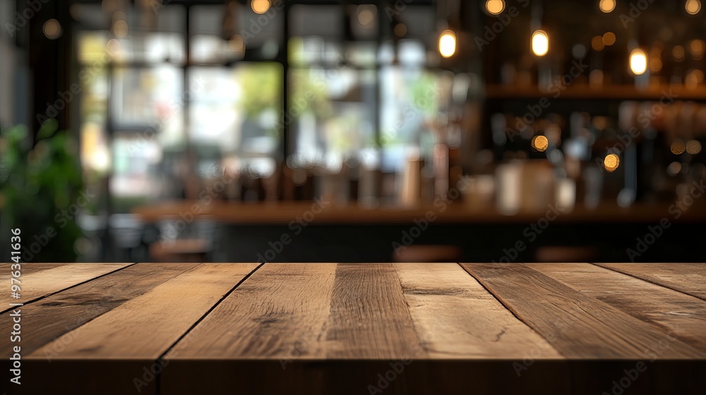 Wooden tabletop with a blurred interior background of a coffee shop used as a mockup for product display Wooden tabletop with a blurred interior background of a coffee shop used as a mockup for product display
