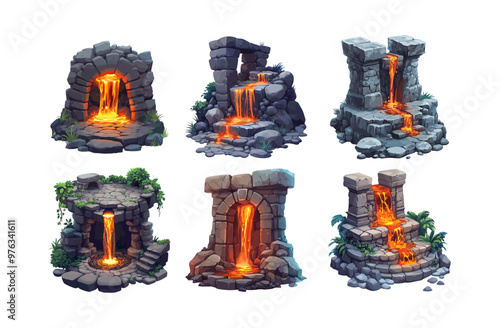 Isometry stone altar with lava flows. Ancient rock arches shrine molten magma streams dripping, old temple sanctuary boulder volcanic tribal savages jungle ruins, isolated vector set