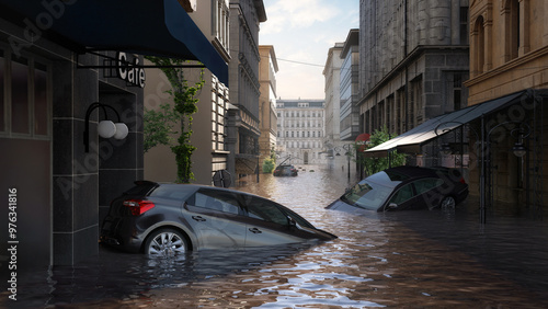 Foto Flooded street in a European city, submerged cars, buildings