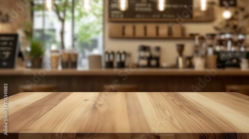 Wooden tabletop with a blurred interior background of a coffee shop used as a mockup for product display