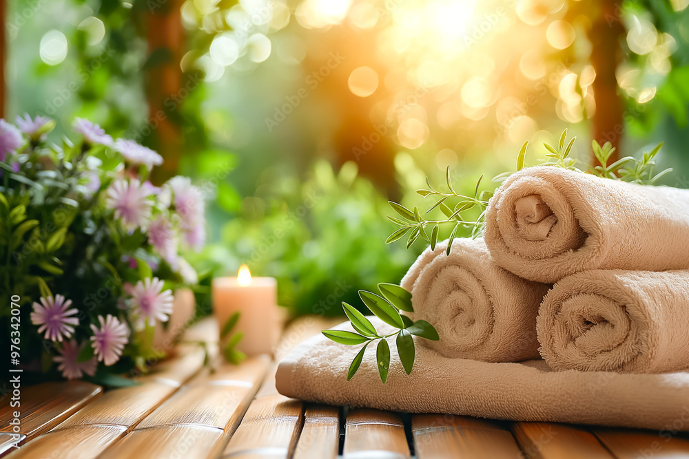 A peaceful outdoor spa setting features neatly rolled towels, delicate flowers, and lush greenery. A candle flickers softly, creating a relaxing ambiance during sunset A peaceful outdoor spa setting features neatly rolled towels, delicate flowers, and lush greenery. A candle flickers softly, creating a relaxing ambiance during sunset
