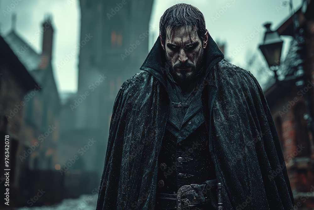 A vampire with sharp fangs and a flowing cape, standing in front of a gothic castle. Concept of Halloween costumes and classic horror characters. A vampire with sharp fangs and a flowing cape, standing in front of a gothic castle. Concept of Halloween costumes and classic horror characters.