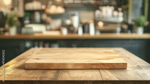 Wooden tabletop with a blurred interior background of a coffee shop used as a mockup for product display