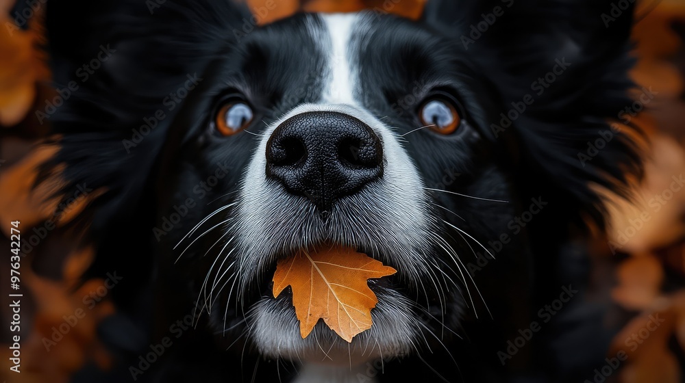 Close-Up of Border Collie with Leaf in Teeth: Gentle Intelligence Shining in Eyes Close-Up of Border Collie with Leaf in Teeth: Gentle Intelligence Shining in Eyes