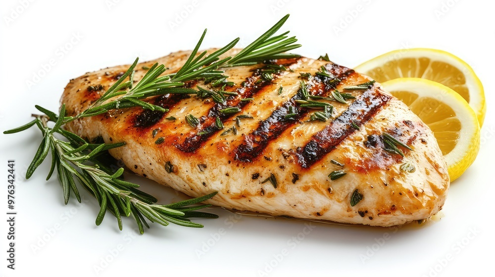 Single Grilled Chicken Breast Fillet with Lemon Slices and Rosemary Sprig on White Background Single Grilled Chicken Breast Fillet with Lemon Slices and Rosemary Sprig on White Background