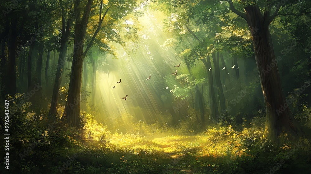 Obraz premium Sunbeams illuminate a pathway through a lush green forest with birds flying above.