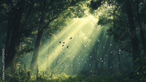 A mystical forest with sunbeams filtering through the canopy, illuminating a magical scene of flying birds and swirling leaves.