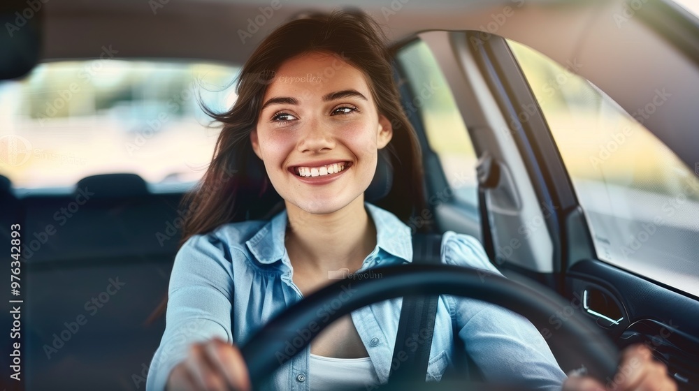 A joyful woman is thoroughly enjoying a drive, exuding a sense of happiness and confidence behind the wheel, A joyful woman is thoroughly enjoying a drive, exuding a sense of happiness and confidence behind the wheel,
