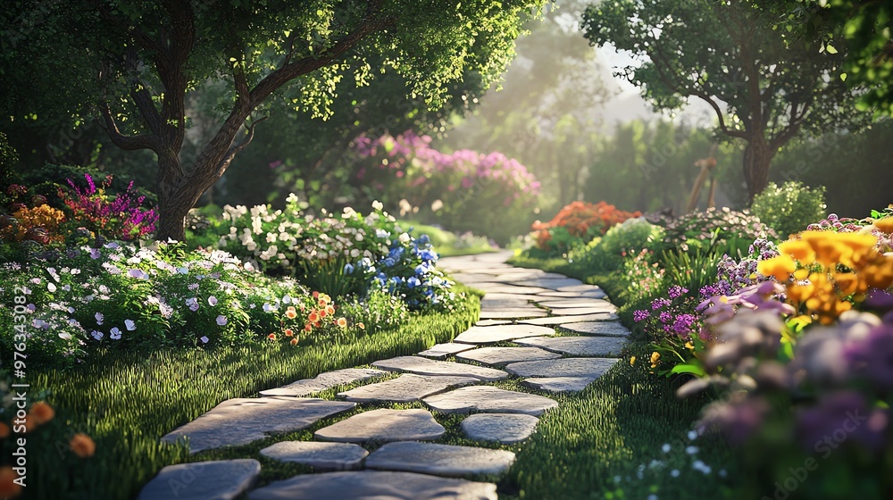 Obraz premium A stone path winds through a lush, colorful garden with blooming flowers.