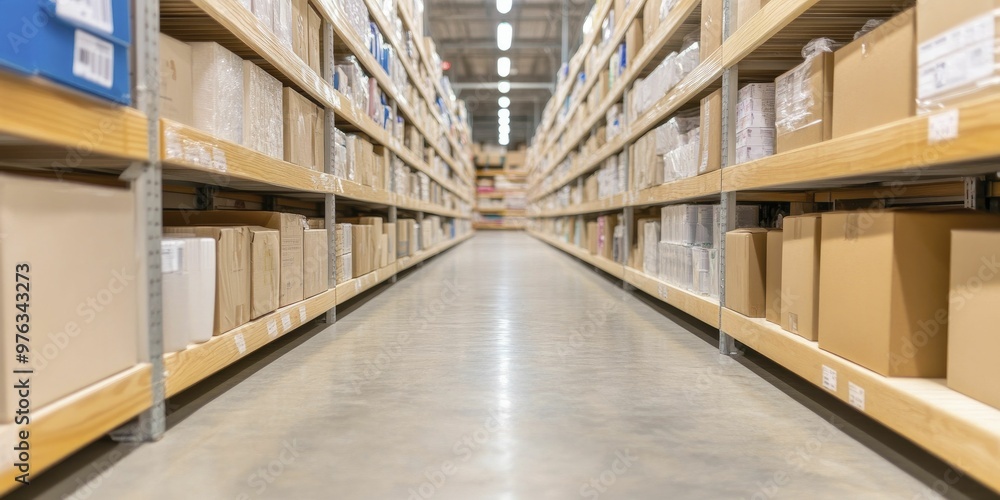 Interior of a Spacious Warehouse Filled with Neatly Stacked Boxes on Shelves, Showcasing an Efficient Storage and Inventory Management System Interior of a Spacious Warehouse Filled with Neatly Stacked Boxes on Shelves, Showcasing an Efficient Storage and Inventory Management System