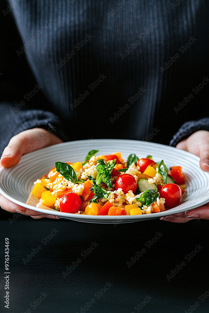 a person holding a plate of healthy salad a person holding a plate of healthy salad